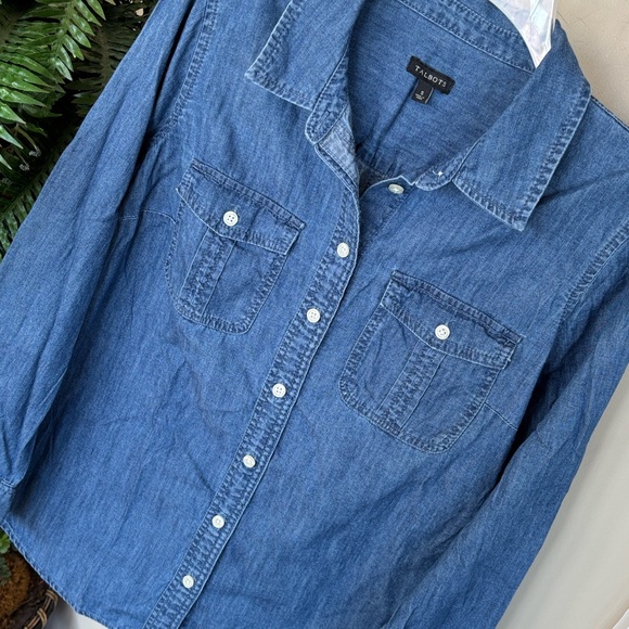Talbots Denim Patch Pocket Jean Shirt Long Sleeve Button Up Collared 100% Cotton - Picture 5 of 12
